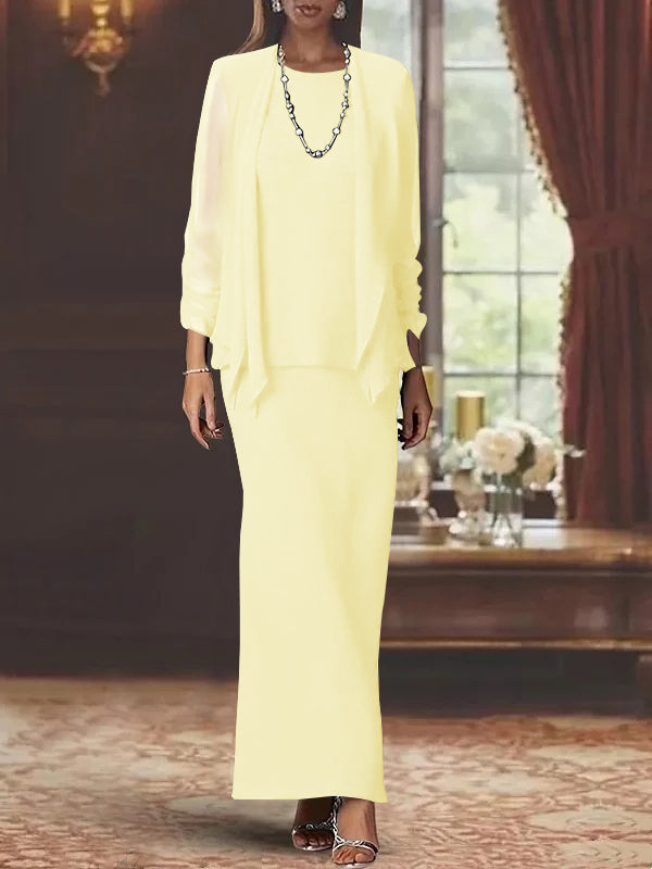 Robe de Mère de la Mariée Fourreau/Colonne à Col Rond et Manches Longues, Longueur Au Sol, avec Veste