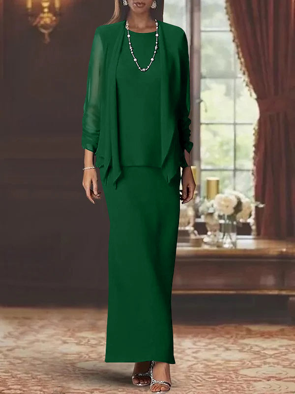 Robe de Mère de la Mariée Fourreau/Colonne à Col Rond et Manches Longues, Longueur Au Sol, avec Veste