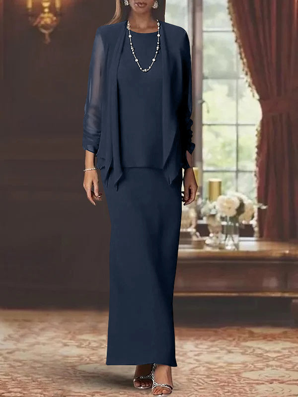 Robe de Mère de la Mariée Fourreau/Colonne à Col Rond et Manches Longues, Longueur Au Sol, avec Veste