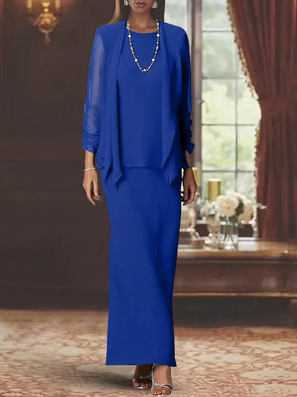 Robe de Mère de la Mariée Fourreau/Colonne à Col Rond et Manches Longues, Longueur Au Sol, avec Veste