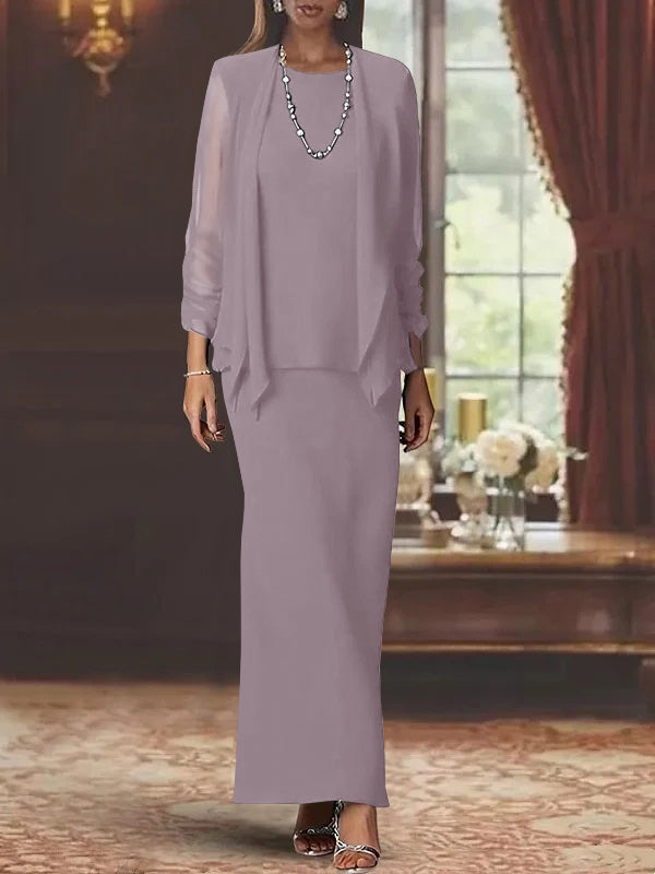 Robe de Mère de la Mariée Fourreau/Colonne à Col Rond et Manches Longues, Longueur Au Sol, avec Veste