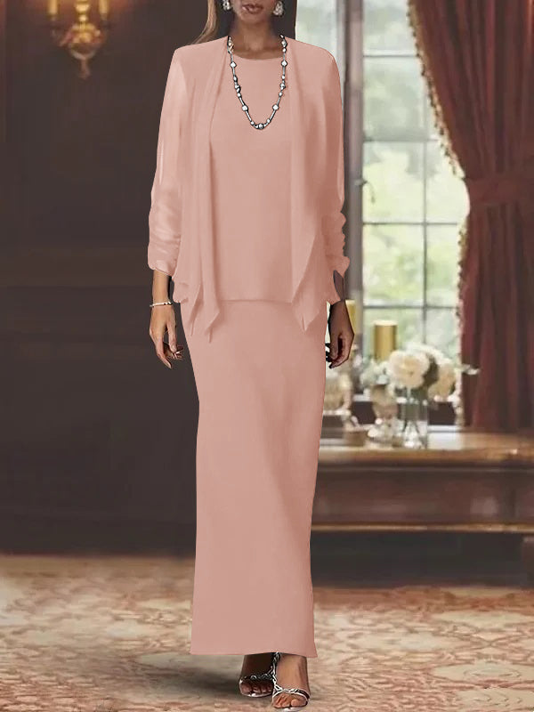Robe de Mère de la Mariée Fourreau/Colonne à Col Rond et Manches Longues, Longueur Au Sol, avec Veste
