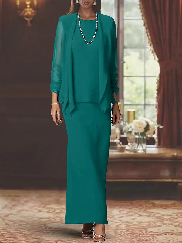 Robe de Mère de la Mariée Fourreau/Colonne à Col Rond et Manches Longues, Longueur Au Sol, avec Veste