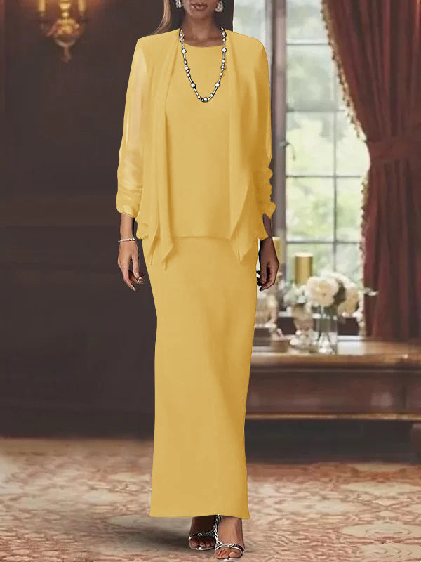 Robe de Mère de la Mariée Fourreau/Colonne à Col Rond et Manches Longues, Longueur Au Sol, avec Veste