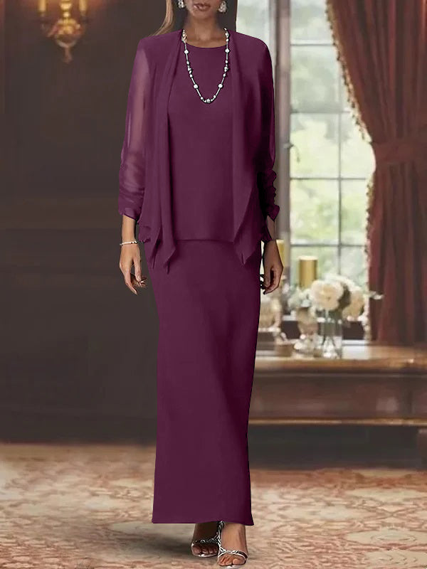 Robe de Mère de la Mariée Fourreau/Colonne à Col Rond et Manches Longues, Longueur Au Sol, avec Veste