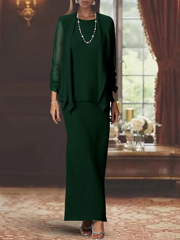 Robe de Mère de la Mariée Fourreau/Colonne à Col Rond et Manches Longues, Longueur Au Sol, avec Veste