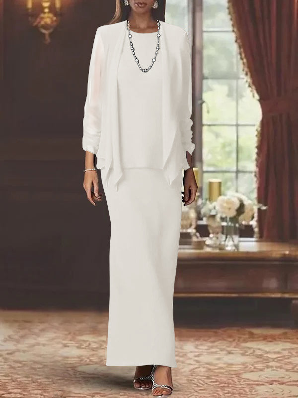 Robe de Mère de la Mariée Fourreau/Colonne à Col Rond et Manches Longues, Longueur Au Sol, avec Veste