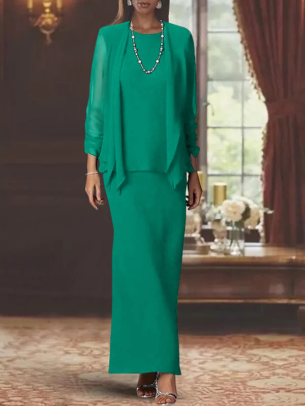 Robe de Mère de la Mariée Fourreau/Colonne à Col Rond et Manches Longues, Longueur Au Sol, avec Veste