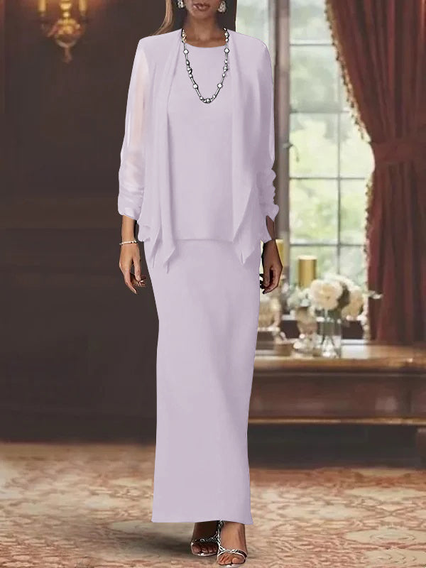Robe de Mère de la Mariée Fourreau/Colonne à Col Rond et Manches Longues, Longueur Au Sol, avec Veste