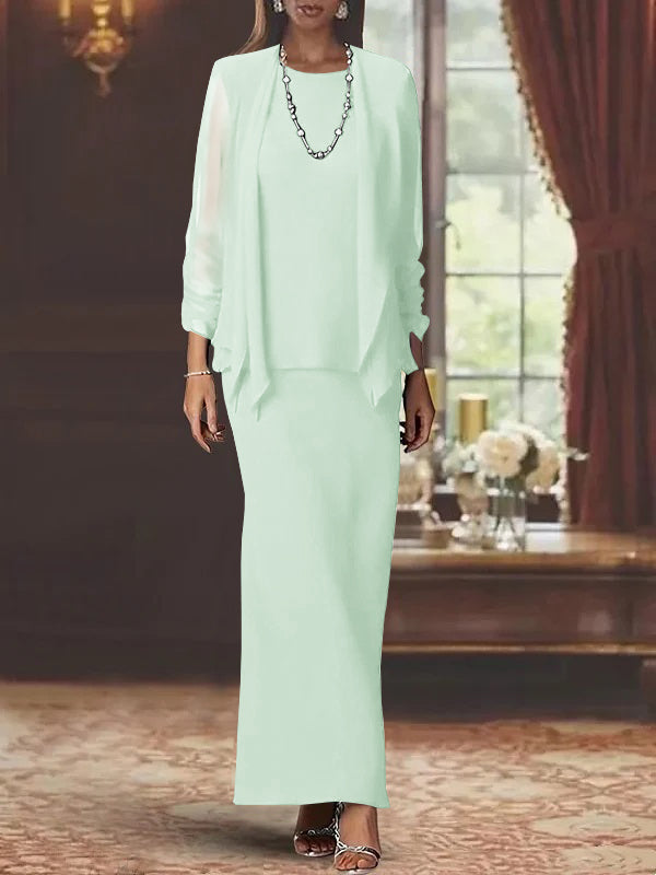 Robe de Mère de la Mariée Fourreau/Colonne à Col Rond et Manches Longues, Longueur Au Sol, avec Veste