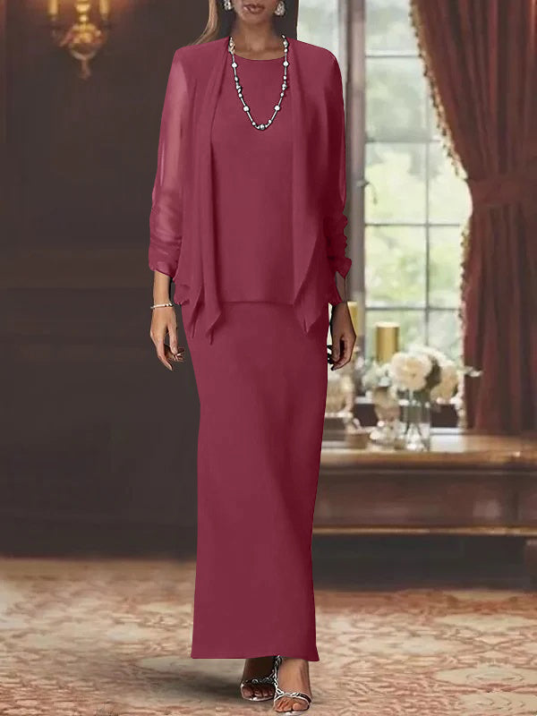 Robe de Mère de la Mariée Fourreau/Colonne à Col Rond et Manches Longues, Longueur Au Sol, avec Veste