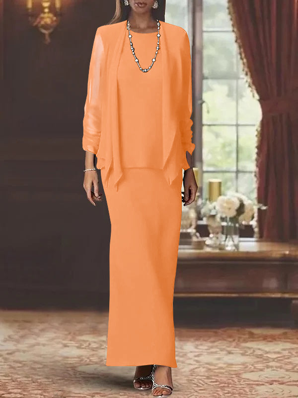 Robe de Mère de la Mariée Fourreau/Colonne à Col Rond et Manches Longues, Longueur Au Sol, avec Veste