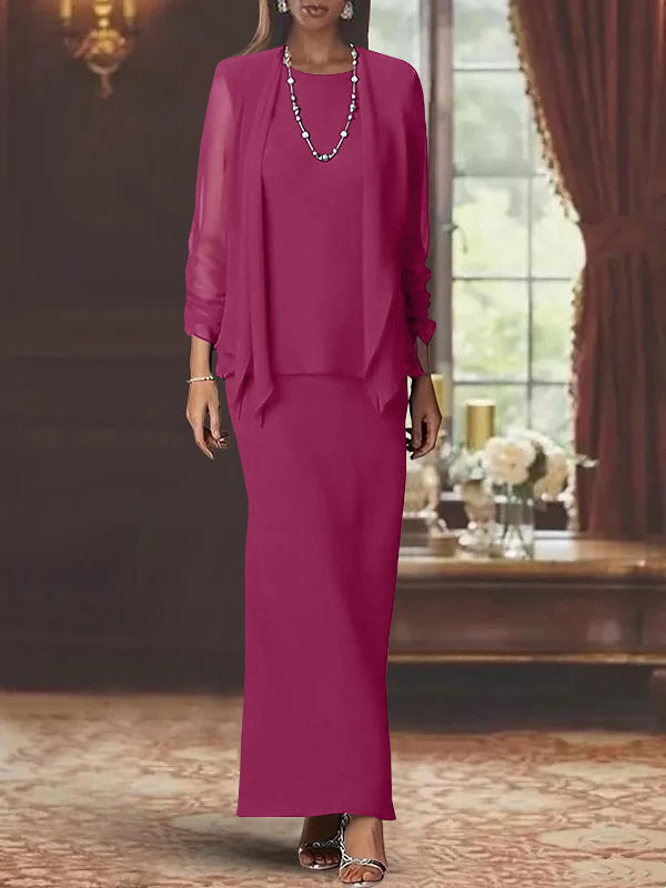 Robe de Mère de la Mariée Fourreau/Colonne à Col Rond et Manches Longues, Longueur Au Sol, avec Veste