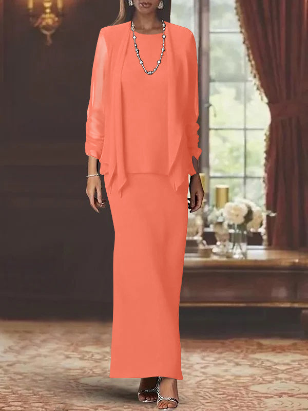Robe de Mère de la Mariée Fourreau/Colonne à Col Rond et Manches Longues, Longueur Au Sol, avec Veste