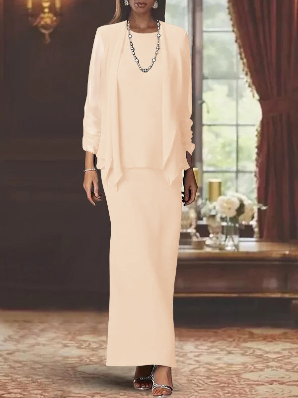 Robe de Mère de la Mariée Fourreau/Colonne à Col Rond et Manches Longues, Longueur Au Sol, avec Veste