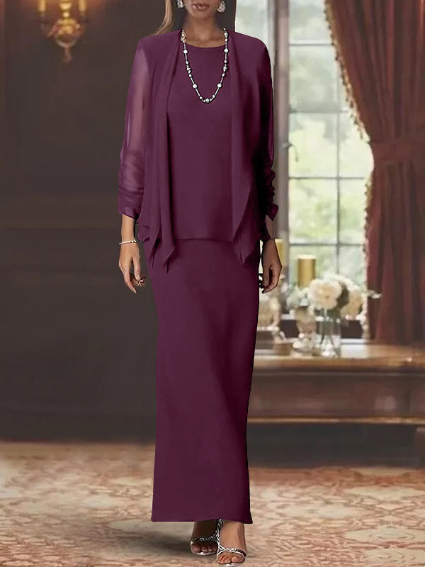 Robe de Mère de la Mariée Fourreau/Colonne à Col Rond et Manches Longues, Longueur Au Sol, avec Veste