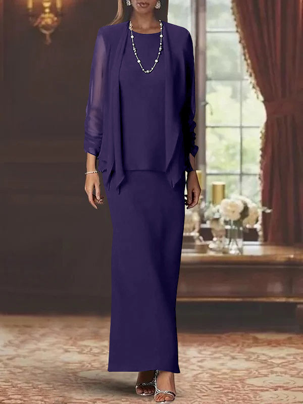 Robe de Mère de la Mariée Fourreau/Colonne à Col Rond et Manches Longues, Longueur Au Sol, avec Veste