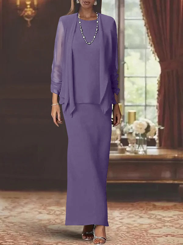 Robe de Mère de la Mariée Fourreau/Colonne à Col Rond et Manches Longues, Longueur Au Sol, avec Veste
