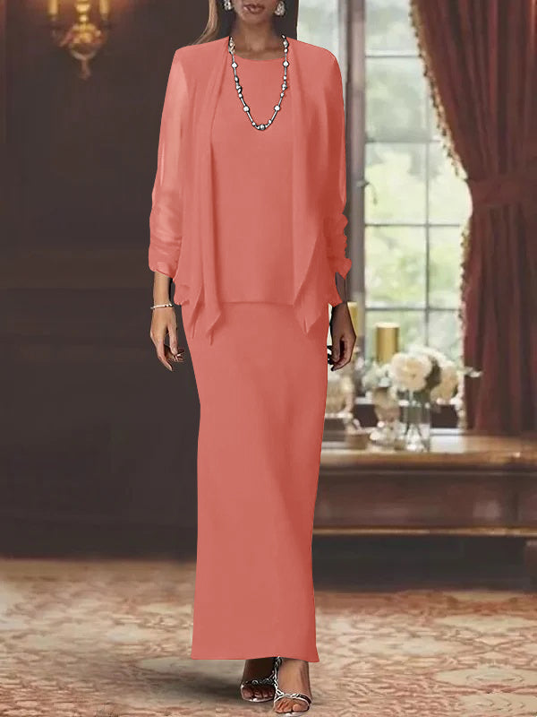 Robe de Mère de la Mariée Fourreau/Colonne à Col Rond et Manches Longues, Longueur Au Sol, avec Veste