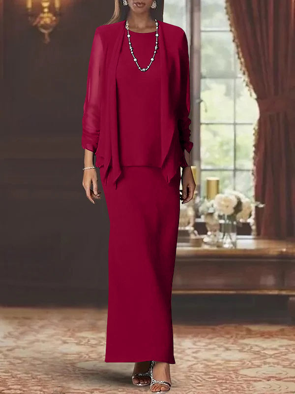 Robe de Mère de la Mariée Fourreau/Colonne à Col Rond et Manches Longues, Longueur Au Sol, avec Veste