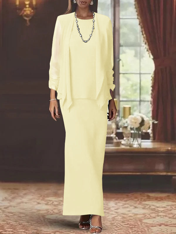 Robe de Mère de la Mariée Fourreau/Colonne à Col Rond et Manches Longues, Longueur Au Sol, avec Veste