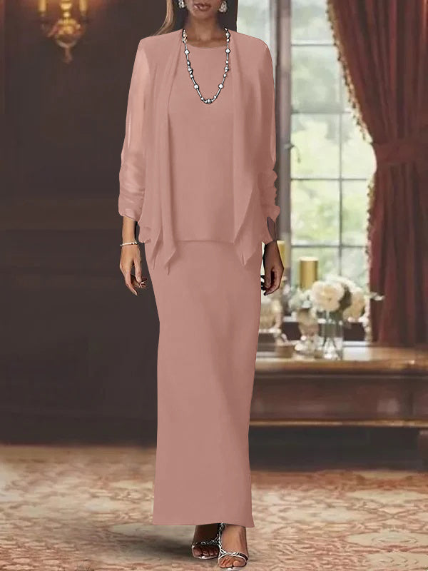 Robe de Mère de la Mariée Fourreau/Colonne à Col Rond et Manches Longues, Longueur Au Sol, avec Veste