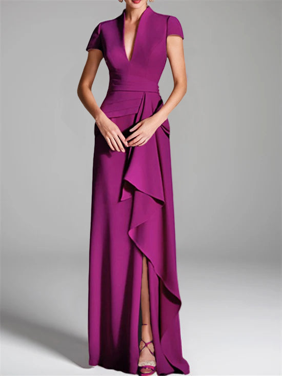 Robe de Mère de la Mariée Fourreau/Colonne à Col en V et Manches Courtes, Longueur Au Sol, avec Fente Sur le Côté