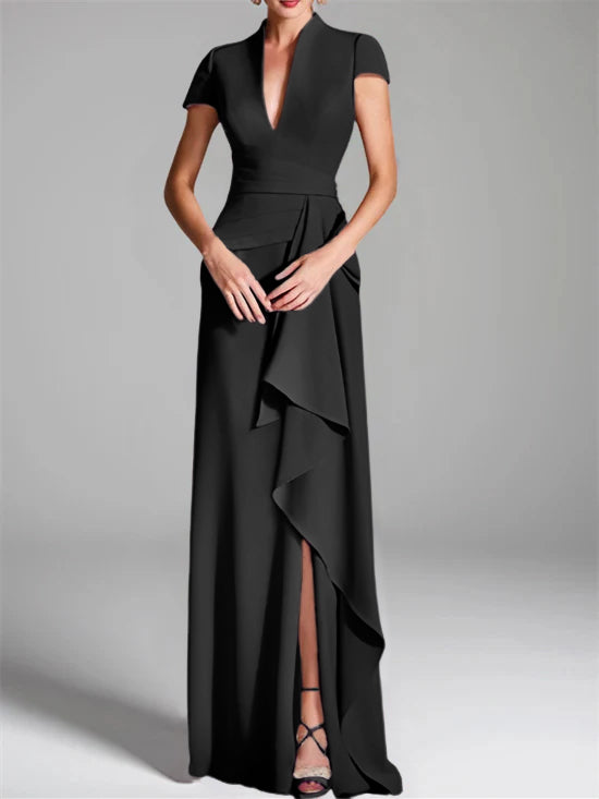 Robe de Mère de la Mariée Fourreau/Colonne à Col en V et Manches Courtes, Longueur Au Sol, avec Fente Sur le Côté