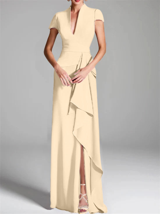 Robe de Mère de la Mariée Fourreau/Colonne à Col en V et Manches Courtes, Longueur Au Sol, avec Fente Sur le Côté