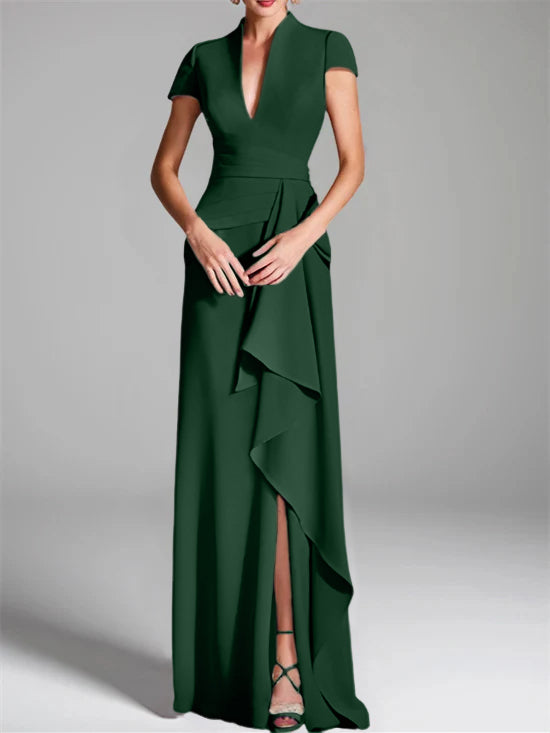 Robe de Mère de la Mariée Fourreau/Colonne à Col en V et Manches Courtes, Longueur Au Sol, avec Fente Sur le Côté