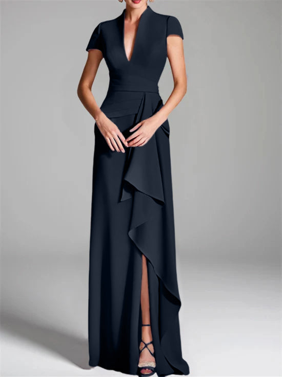 Robe de Mère de la Mariée Fourreau/Colonne à Col en V et Manches Courtes, Longueur Au Sol, avec Fente Sur le Côté