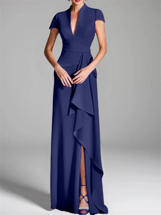 Robe de Mère de la Mariée Fourreau/Colonne à Col en V et Manches Courtes, Longueur Au Sol, avec Fente Sur le Côté