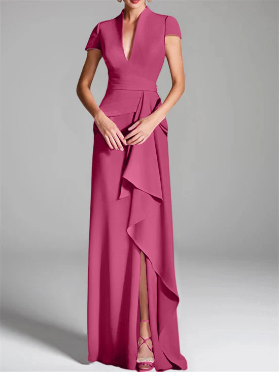 Robe de Mère de la Mariée Fourreau/Colonne à Col en V et Manches Courtes, Longueur Au Sol, avec Fente Sur le Côté
