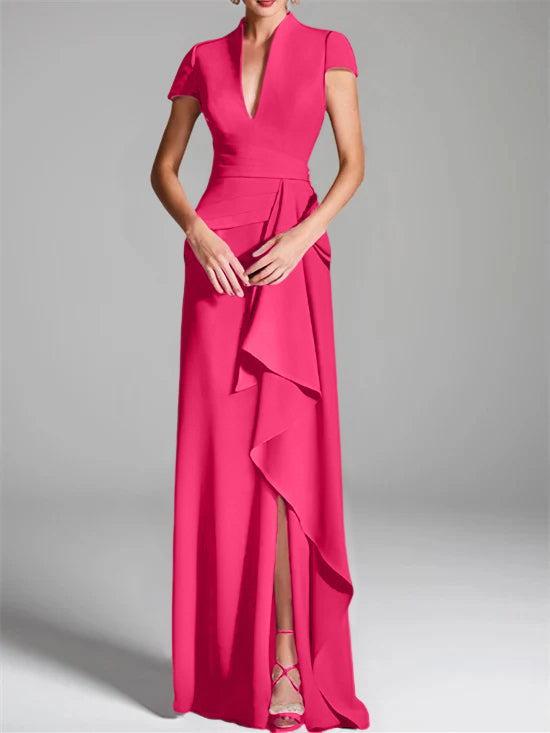 Robe de Mère de la Mariée Fourreau/Colonne à Col en V et Manches Courtes, Longueur Au Sol, avec Fente Sur le Côté