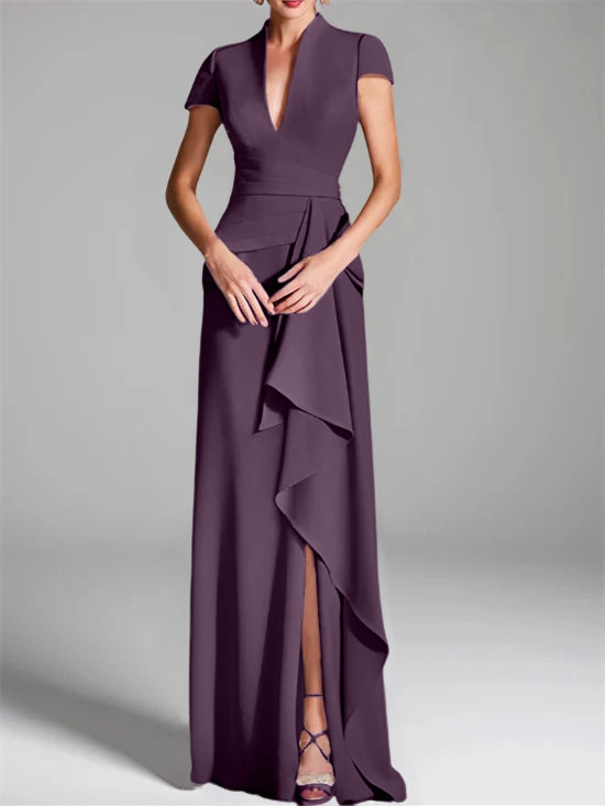 Robe de Mère de la Mariée Fourreau/Colonne à Col en V et Manches Courtes, Longueur Au Sol, avec Fente Sur le Côté