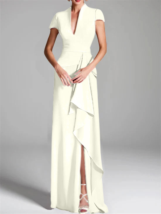 Robe de Mère de la Mariée Fourreau/Colonne à Col en V et Manches Courtes, Longueur Au Sol, avec Fente Sur le Côté