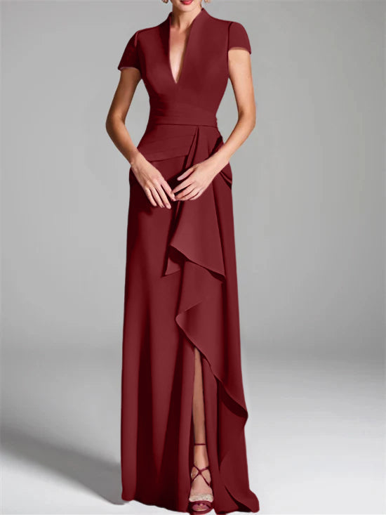 Robe de Mère de la Mariée Fourreau/Colonne à Col en V et Manches Courtes, Longueur Au Sol, avec Fente Sur le Côté