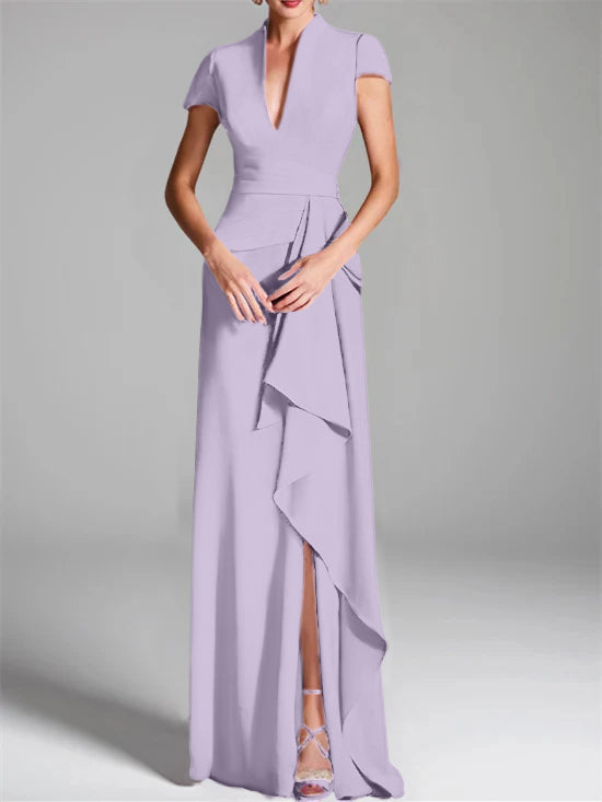 Robe de Mère de la Mariée Fourreau/Colonne à Col en V et Manches Courtes, Longueur Au Sol, avec Fente Sur le Côté