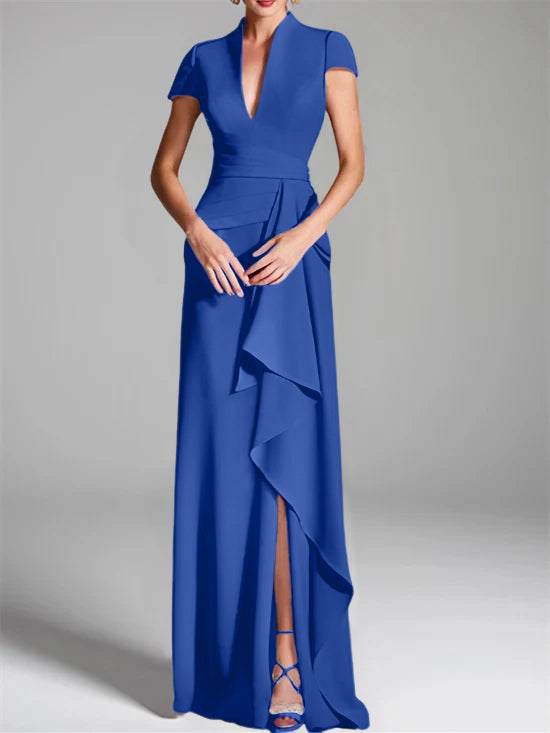 Robe de Mère de la Mariée Fourreau/Colonne à Col en V et Manches Courtes, Longueur Au Sol, avec Fente Sur le Côté