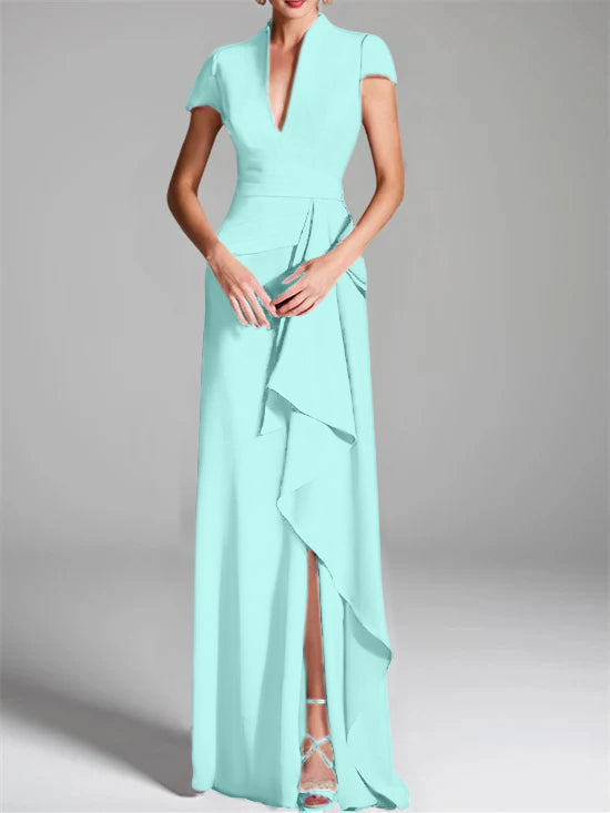 Robe de Mère de la Mariée Fourreau/Colonne à Col en V et Manches Courtes, Longueur Au Sol, avec Fente Sur le Côté