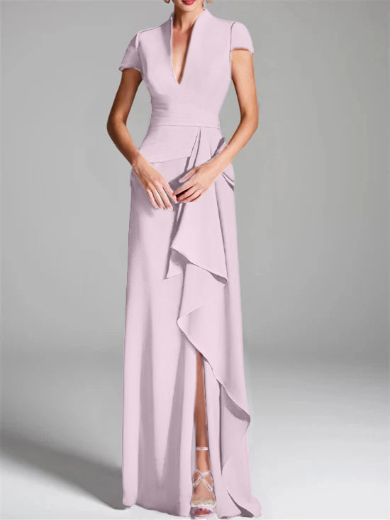 Robe de Mère de la Mariée Fourreau/Colonne à Col en V et Manches Courtes, Longueur Au Sol, avec Fente Sur le Côté