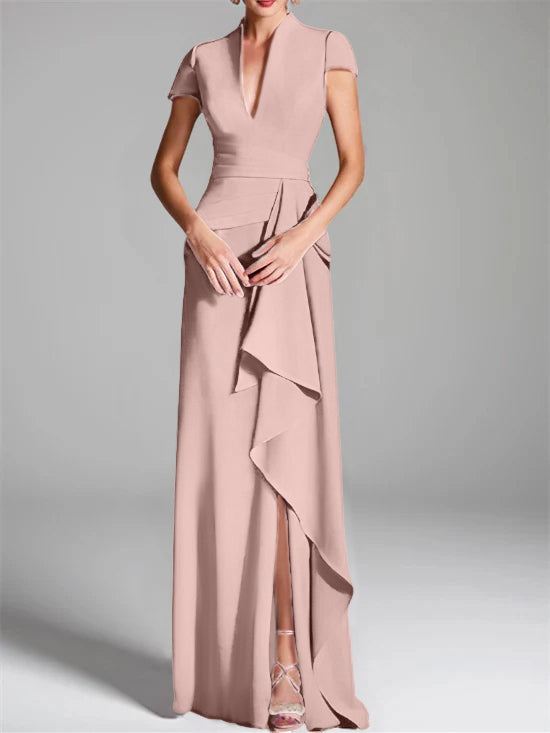 Robe de Mère de la Mariée Fourreau/Colonne à Col en V et Manches Courtes, Longueur Au Sol, avec Fente Sur le Côté