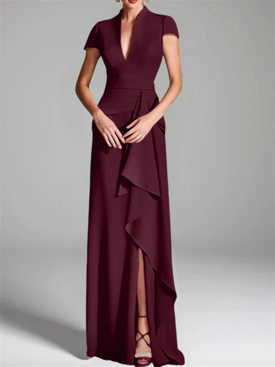 Robe de Mère de la Mariée Fourreau/Colonne à Col en V et Manches Courtes, Longueur Au Sol, avec Fente Sur le Côté