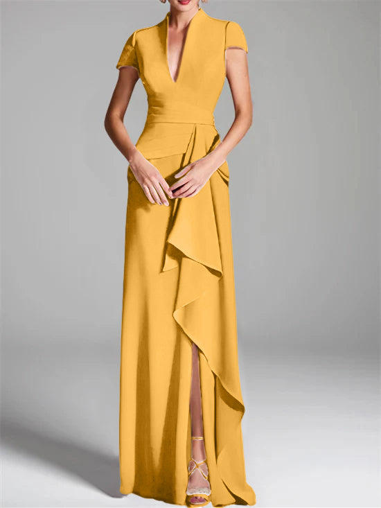 Robe de Mère de la Mariée Fourreau/Colonne à Col en V et Manches Courtes, Longueur Au Sol, avec Fente Sur le Côté