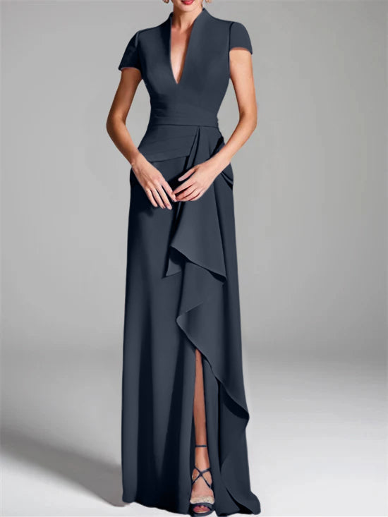 Robe de Mère de la Mariée Fourreau/Colonne à Col en V et Manches Courtes, Longueur Au Sol, avec Fente Sur le Côté