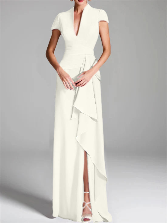 Robe de Mère de la Mariée Fourreau/Colonne à Col en V et Manches Courtes, Longueur Au Sol, avec Fente Sur le Côté