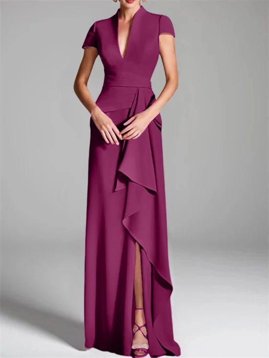 Robe de Mère de la Mariée Fourreau/Colonne à Col en V et Manches Courtes, Longueur Au Sol, avec Fente Sur le Côté