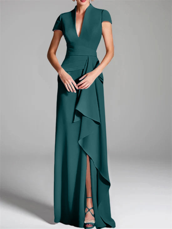 Robe de Mère de la Mariée Fourreau/Colonne à Col en V et Manches Courtes, Longueur Au Sol, avec Fente Sur le Côté