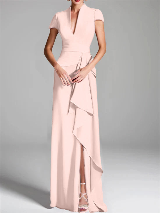 Robe de Mère de la Mariée Fourreau/Colonne à Col en V et Manches Courtes, Longueur Au Sol, avec Fente Sur le Côté