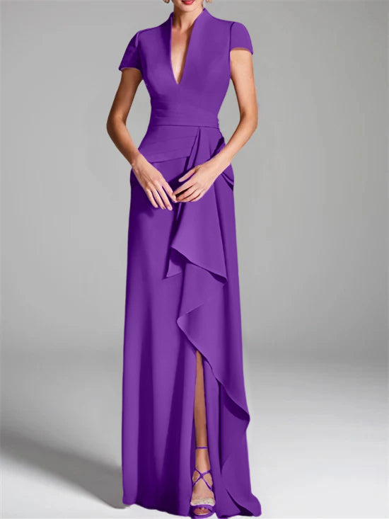 Robe de Mère de la Mariée Fourreau/Colonne à Col en V et Manches Courtes, Longueur Au Sol, avec Fente Sur le Côté